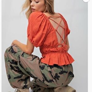 Easel Orange Lace-Up Back Blouse
